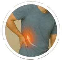 Back pain - Realistic image of a middle-aged man smiling with eyes closed, placing one hand on his lower back where a soft red glow and upward arrow indicate relief from back pain.